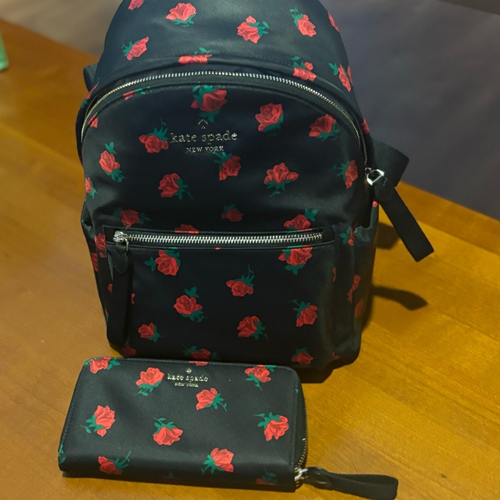 Kate Spade Black Backpack and Wallet Set with Red Floral Print. - Picture 7 of 9